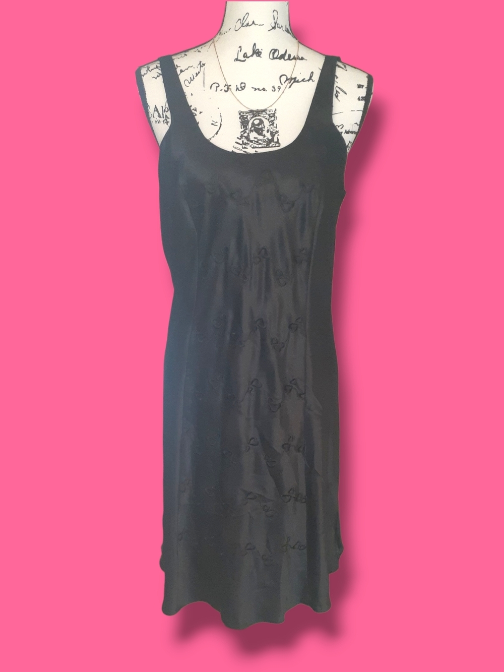 Erika Taylor Intimates Black Satin Slip Dress with Hearts Embroidery Size L